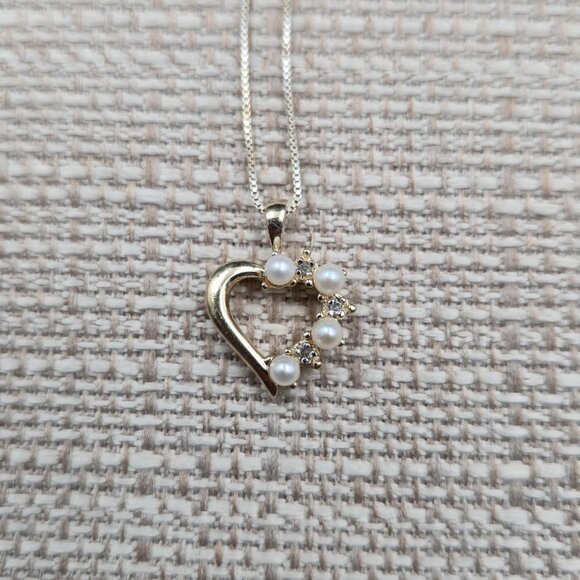 18 Inch Gold Over Sterling Pearls And Diamonds Heart Necklace A6169 - Picture 4 of 8